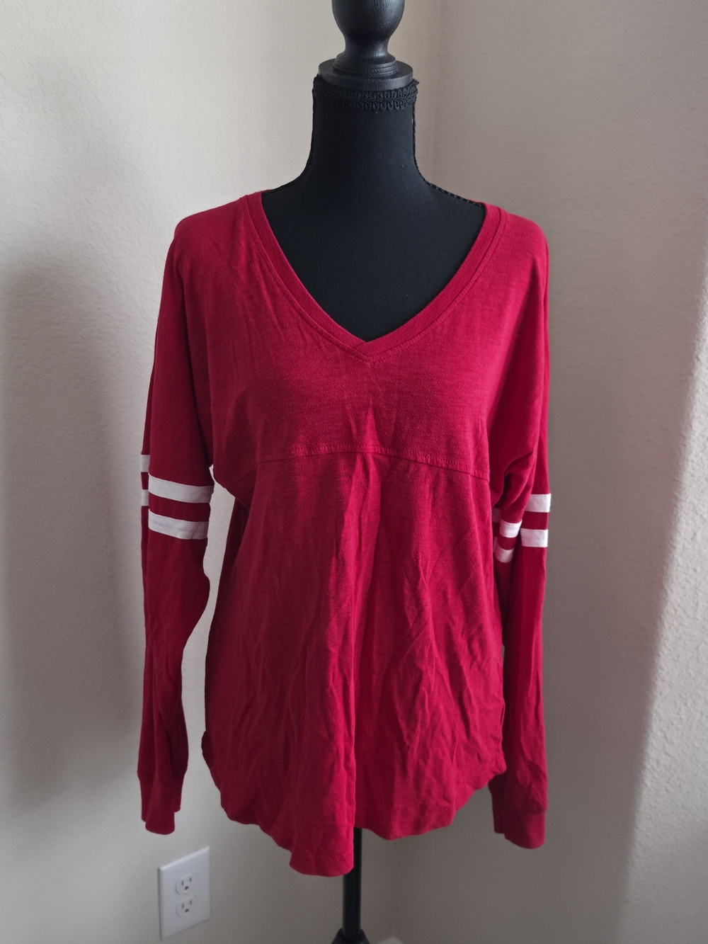 Boxercraft V-Neck Long Sleeve Women's Top in Red with White Stripes